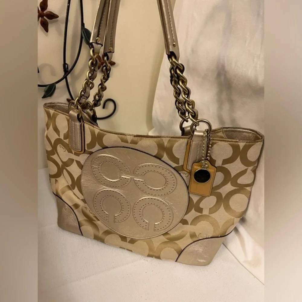 Coach Colette Opt Art Logo Gold Canvas Leather Large Tote Bag—read description